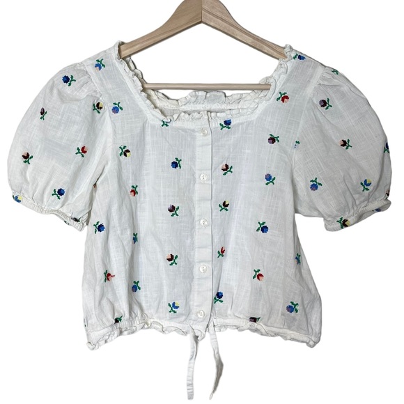Zara Other - Zara Girls Puff Sleeve Embroidered Crop Blouse Size 11 - 12 Ruffle Square Neck
